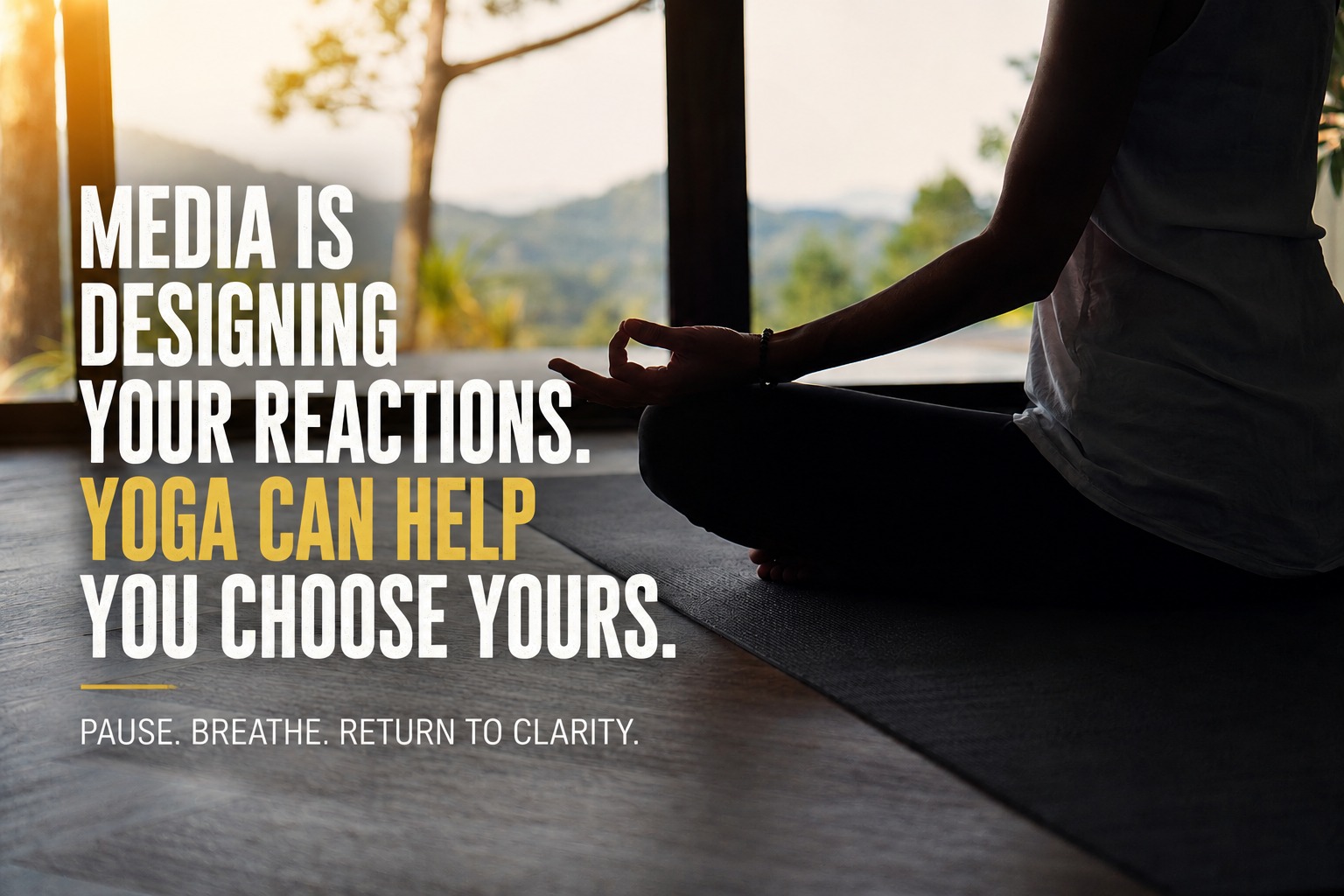 Person practising seated meditation and slow breathing to restore mental clarity after media overload.